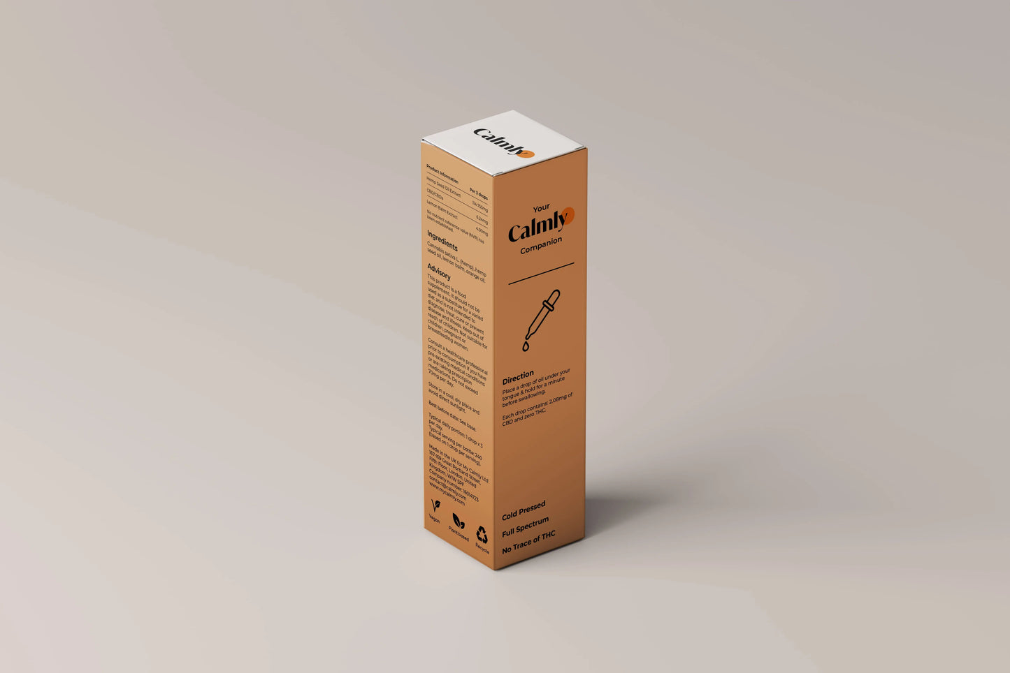 A bottle of Calmly UK-Grown Cold-Pressed Organic CBD Oil.