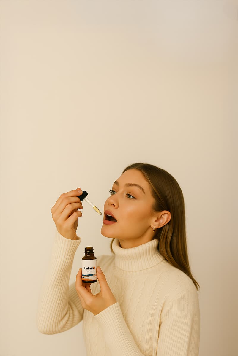 Person using a cbd oil dropper with a small cbd oil bottle against a plain background.